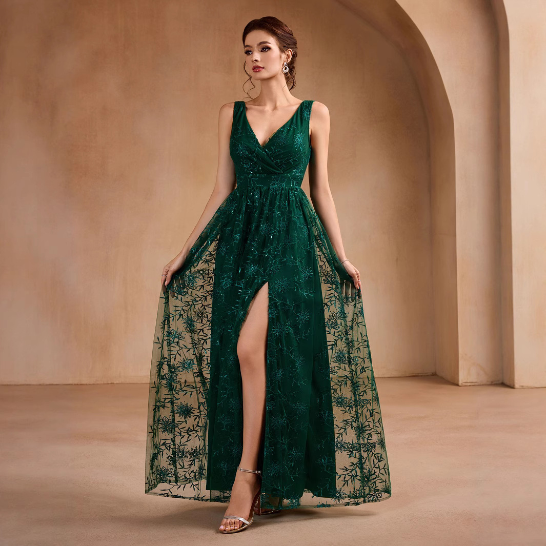 Women High Mesh Embroidered V-Neck Slit Evening Dress(Processing time need 3-6 days)