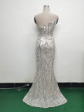 Women One Shoulder Beaded Geometric Sequin Formal Party Prom Wedding Evening Dress