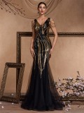 Women's Formal Party Sexy Chic Sequin Beaded Slim Fishtail Long Evening Dress