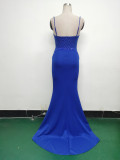 Women Strappy Heart-Shaped Lace Grid Embroidery Beaded Fishbone Formal Party Evening Dress