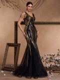 Women's Formal Party Sexy Chic Sequin Beaded Slim Fishtail Long Evening Dress
