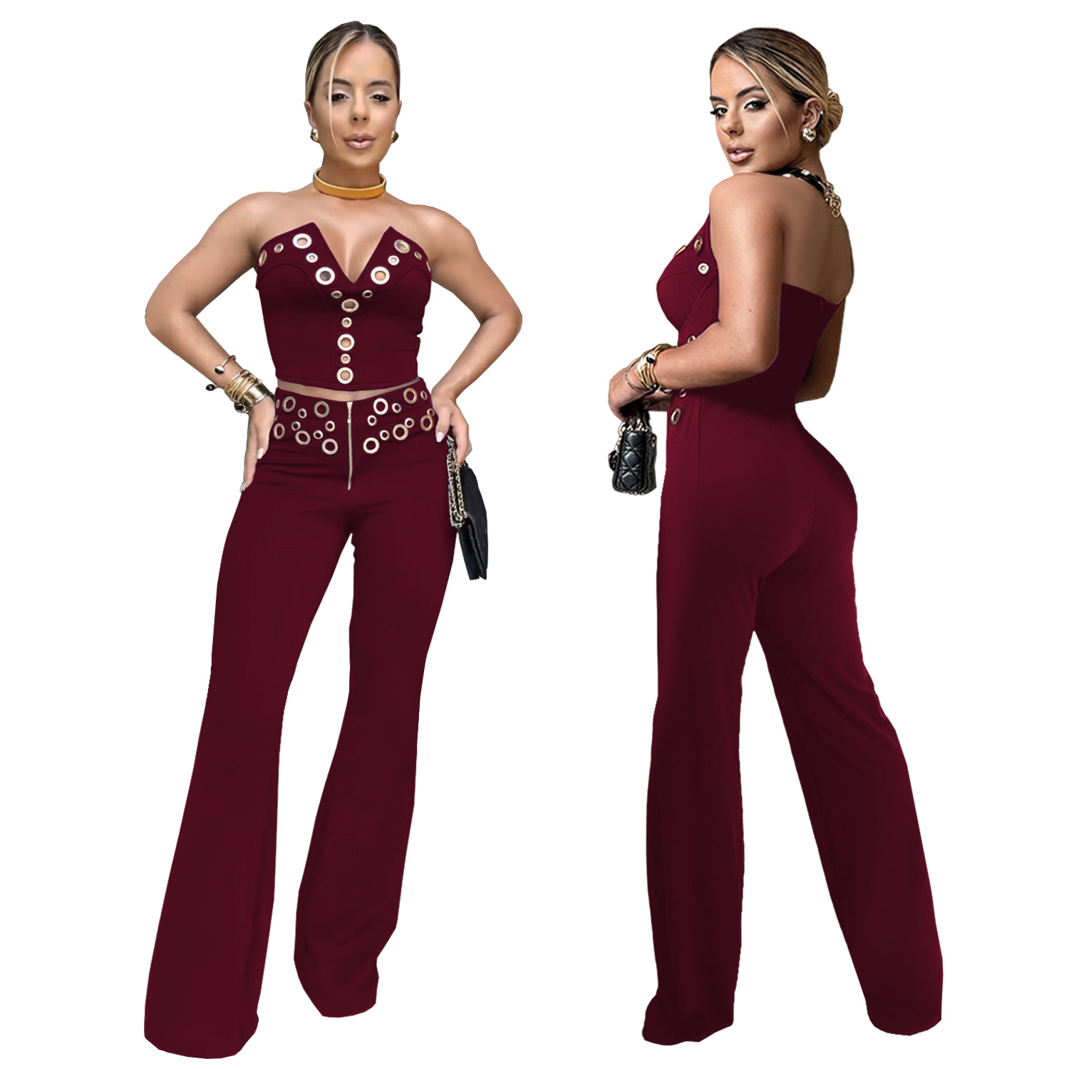 Women's Sexy Strapless Metal Buckle Fashionable Two Piece Pants Set
