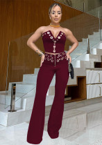 Women's Sexy Strapless Metal Buckle Fashionable Two Piece Pants Set