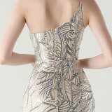 Women One Shoulder Beaded Geometric Sequin Formal Party Prom Wedding Evening Dress