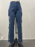 Spring/Summer Women's Side Cutout Denim Patchwork Trousers