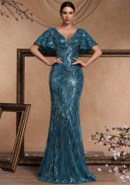 Women's Spring/Summer Luxury Elegant Short Sleeve Sequin Mermaid V-Neck Chic Formal Cocktail Evening Dress