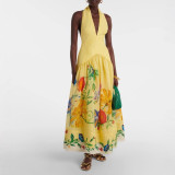Women's Summer Deep V Halter Neck Low Back Printed A-line Dress