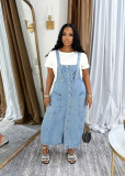Women's Single Breasted Strapped Denim Long Dress