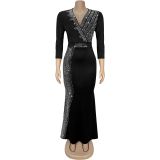 Women's Chic Elegant Beaded Half Sleeve V-Neck Fashionable Dress