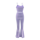 Women's Purple Bell Bottom High Waist Stretch Pants Sleeveless Vest Casual Two Piece Set
