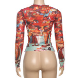 Women's Spring/Summer Fashion Mesh Print Round Neck Long Sleeve T-Shirt