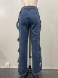Spring/Summer Women's Side Cutout Denim Patchwork Trousers
