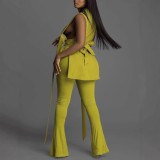 Women's Sexy Belt High Waist Bell Bottom Pants V-Neck Sleeveless Top Two Piece Set