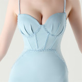 Women Strappy Heart-Shaped Lace Grid Embroidery Beaded Fishbone Formal Party Evening Dress