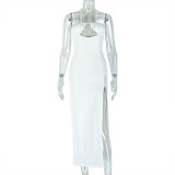 Women's Trendy Low Back Halter Neck Solid Color Hollow Slit Irregular Long Dress