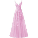 Women suspender tulle lace applique party ball evening dress（Processing time need 3-6 days）