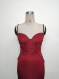Women Strappy Heart-Shaped Lace Grid Embroidery Beaded Fishbone Formal Party Evening Dress