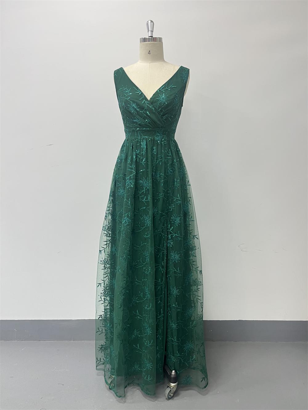 Women High Mesh Embroidered V-Neck Slit Evening Dress(Processing time need 3-6 days)