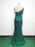 Women One Shoulder Beaded Sequin Embroidery Formal Party Prom Wedding Evening Dress
