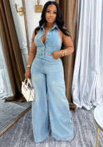 Women's Sexy Open Back Halter Neck Long Denim Jumpsuit