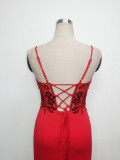 Women Fishbone Lace-Up Sequin Embroidery Formal Formal Party Evening Dress