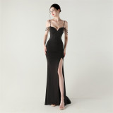 Women Fishbone Lace Sequin Wedding Fishtail Evening Dress