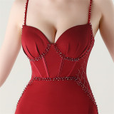 Women Strappy Heart-Shaped Lace Grid Embroidery Beaded Fishbone Formal Party Evening Dress