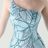 Women One Shoulder Beaded Geometric Sequin Formal Party Prom Wedding Evening Dress
