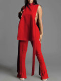 Women's Sexy Belt High Waist Bell Bottom Pants V-Neck Sleeveless Top Two Piece Set