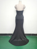 Women Strappy Heart-Shaped Lace Grid Embroidery Beaded Fishbone Formal Party Evening Dress