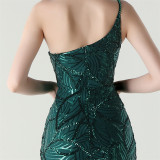 Women One Shoulder Beaded Geometric Sequin Formal Party Prom Wedding Evening Dress