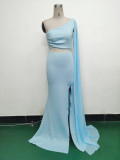 Women One Shoulder Slant Back Patchwork Mesh Formal Party Evening Dress