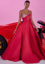 Women's Elegant Low Back Strapless A-Line Red Bridesmaid Formal Evening Dress
