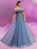 Women's Elegant Sequin Mesh Off Shoulder Chic A-Line Floor Length Cocktail Formal Evening Dress