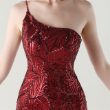 Women One Shoulder Beaded Geometric Sequin Formal Party Prom Wedding Evening Dress