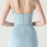 Women Strappy Heart-Shaped Lace Grid Embroidery Beaded Fishbone Formal Party Evening Dress