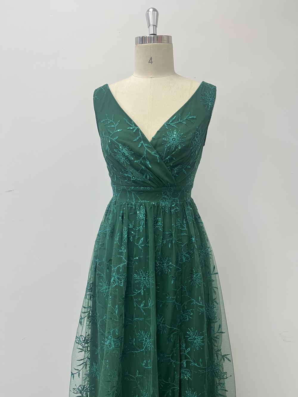 Women High Mesh Embroidered V-Neck Slit Evening Dress(Processing time need 3-6 days)