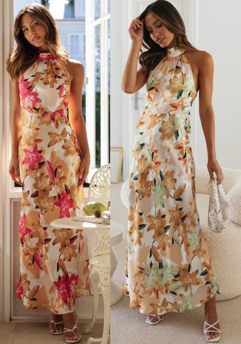 Women Sexy Lace-Up Halter Neck Lace Backless Print Maxi Dress