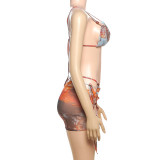 Women Summer Print Sexy Mesh Lace Bikini Three-Piece