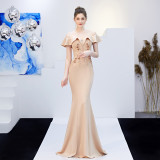 Women Red Off Shoulder Fishtail Evening Dress