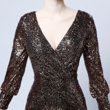 Women Formal Party Elegant Long Sleeve Sequin Fishtail Evening Dress