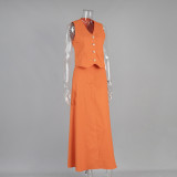 Women Orange Sleeveless Top and Skirt Casual Two Piece Set