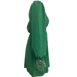 Women V Neck Pleated Long Sleeve Dress