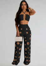 Women Sexy Metal Button Top and Pants Two Piece Set