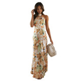 Women Sexy Lace-Up Halter Neck Lace Backless Print Maxi Dress