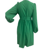 Women V Neck Pleated Long Sleeve Dress