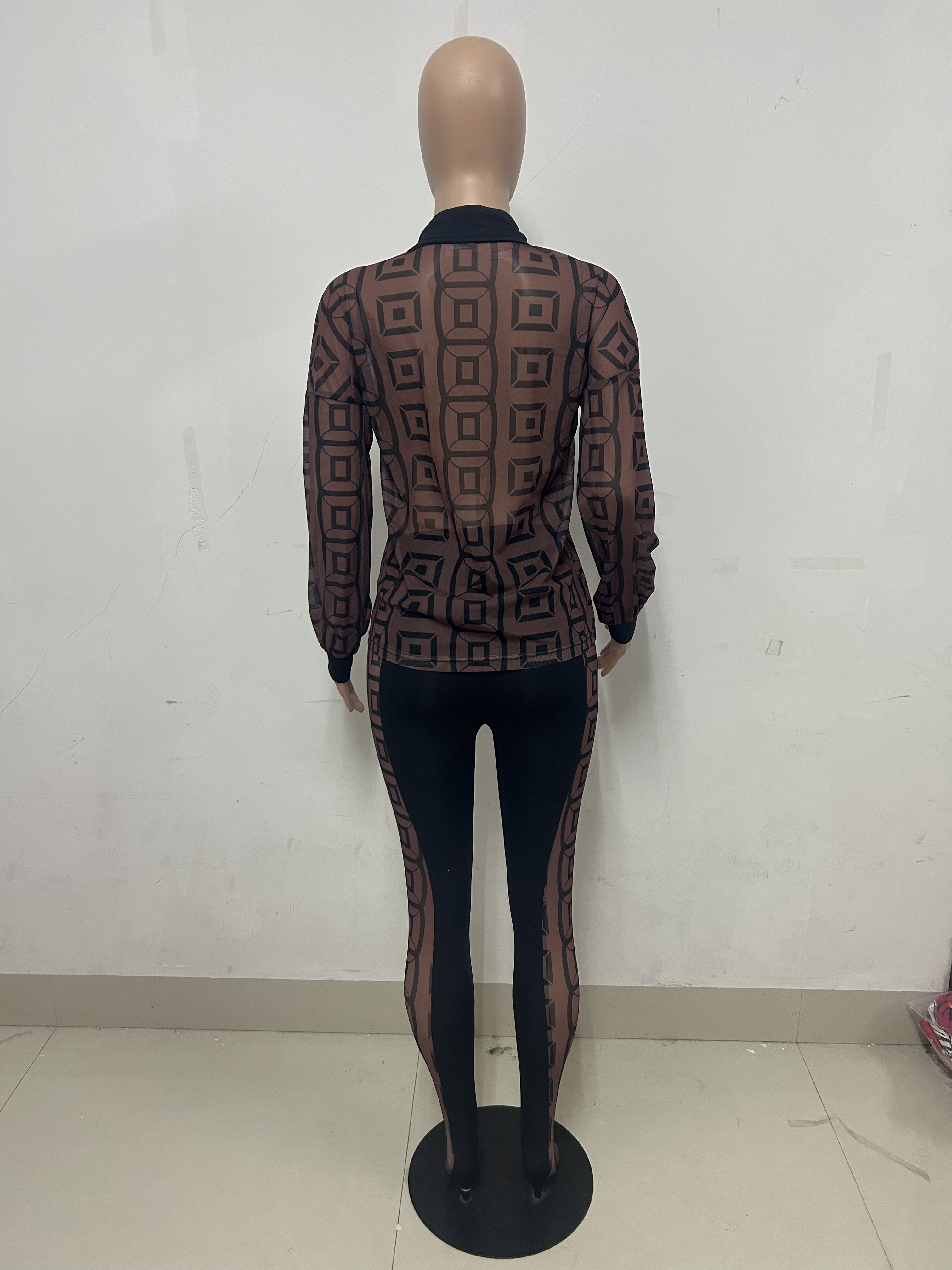 Spring Summer Print Mesh See-Through Shirt And Trousers Two Piece Set