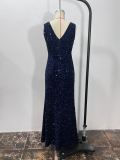Summer Elegant Sequin V-Neck Slit Formal Party Evening Gown