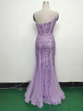 Sexy One Shoulder Sequins Mesh Patchwork Evening Dress