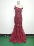 Sexy One Shoulder Sequins Mesh Patchwork Evening Dress